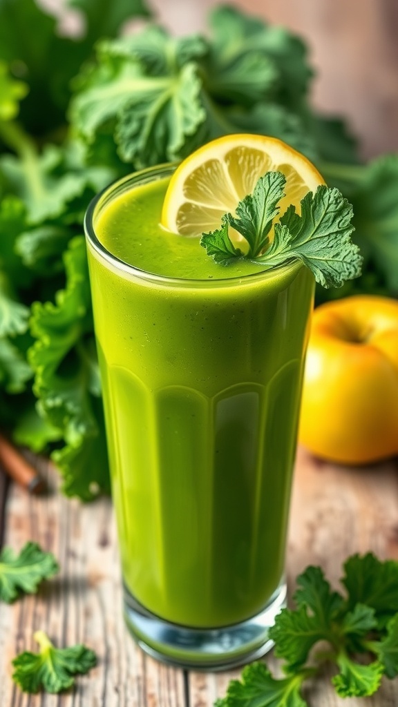 A refreshing glass of kale juice with lemon slice and kale garnish on a wooden table.